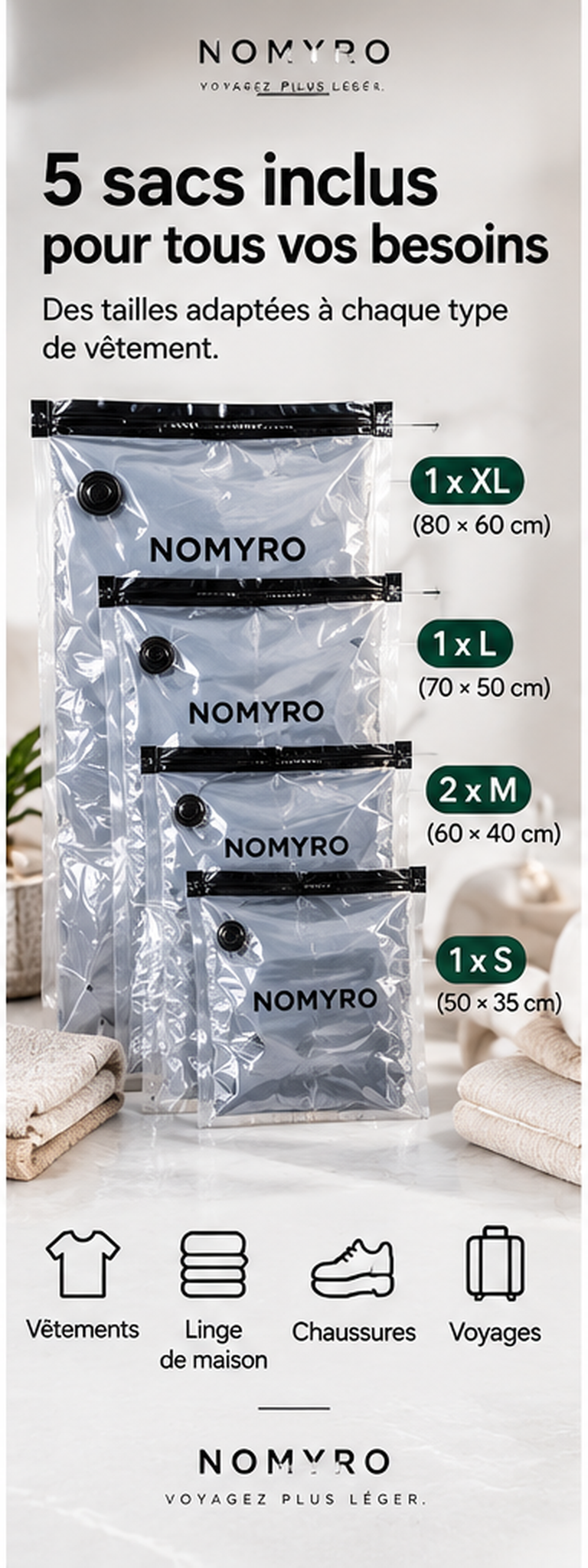 NOMYRO cinq sacs de compression inclus en plusieurs tailles